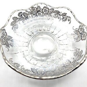 Vintage Silver Overlay Clear Glass Candy Dish Bowl Flowers Bowl Scalloped Edge